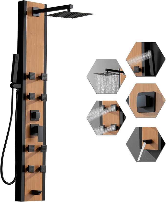 BWE Stainless Steel Shower Panel Tower, Black and Bamboo, 8 Jets