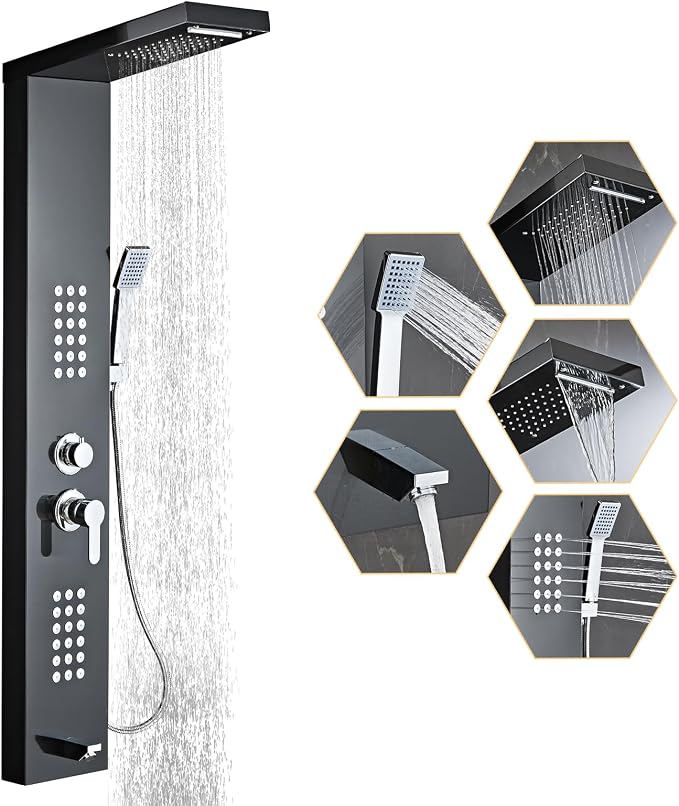 HSYLYPA 5-in-1 Shower Panel Tower, Brushed Black