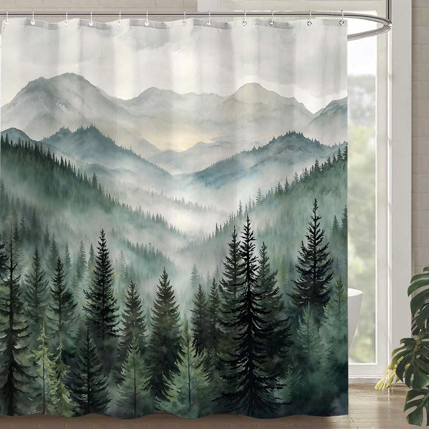 Accnicc Forest Mountain Shower Curtain, Dark Green Misty Pine Tree, Waterproof