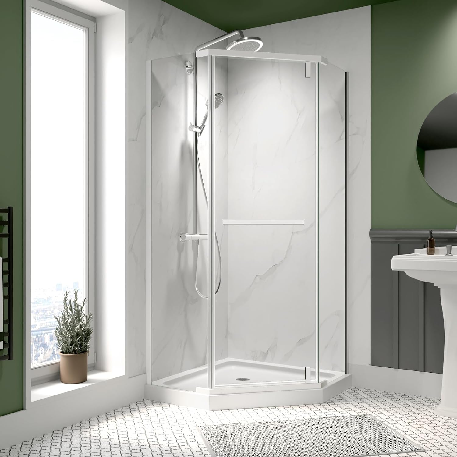 ACE DECOR Neo-Angle Frameless Pivot Shower Enclosure, 35.56" x 35.56" x 72", Matte White