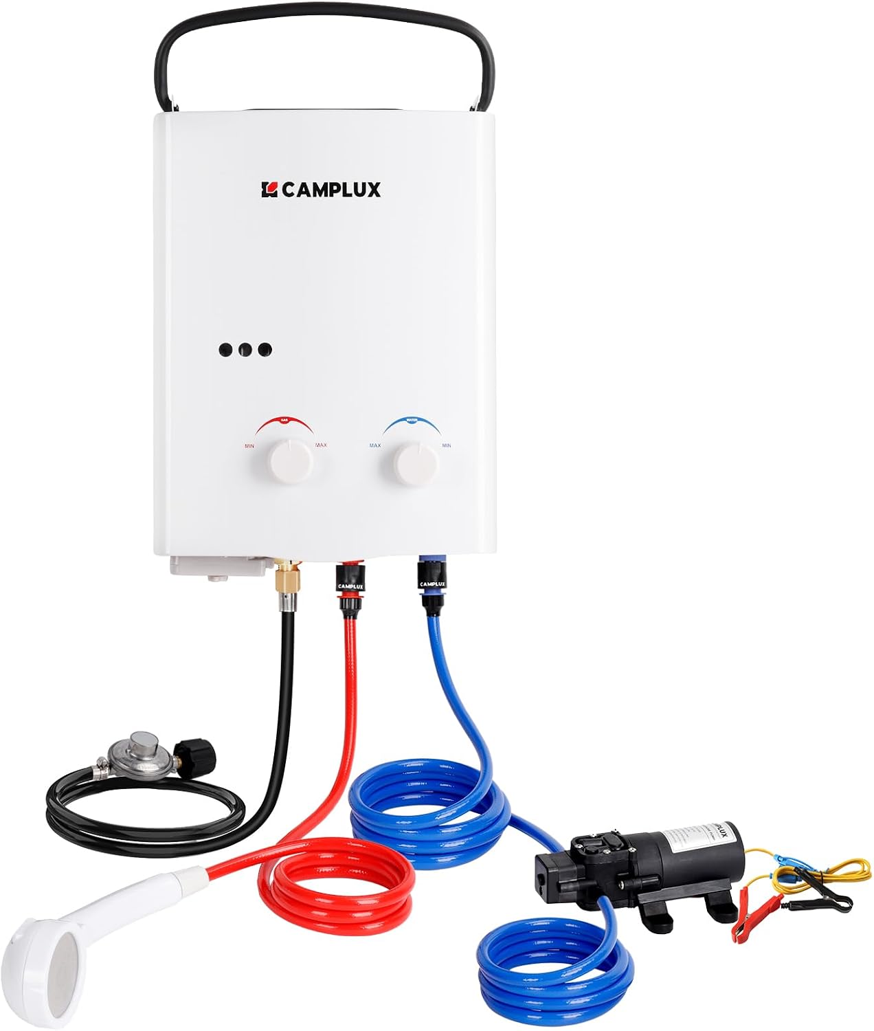 CAMPLUX Portable Propane Water Heater and 12V Pump Kit, 1.32 GPM Gas Shower System