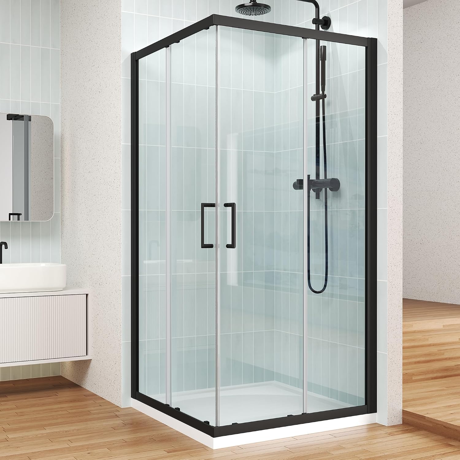 Corner Shower Door Enclosure 36" x 36" x 72", Double Sliding Glass, Matte Black