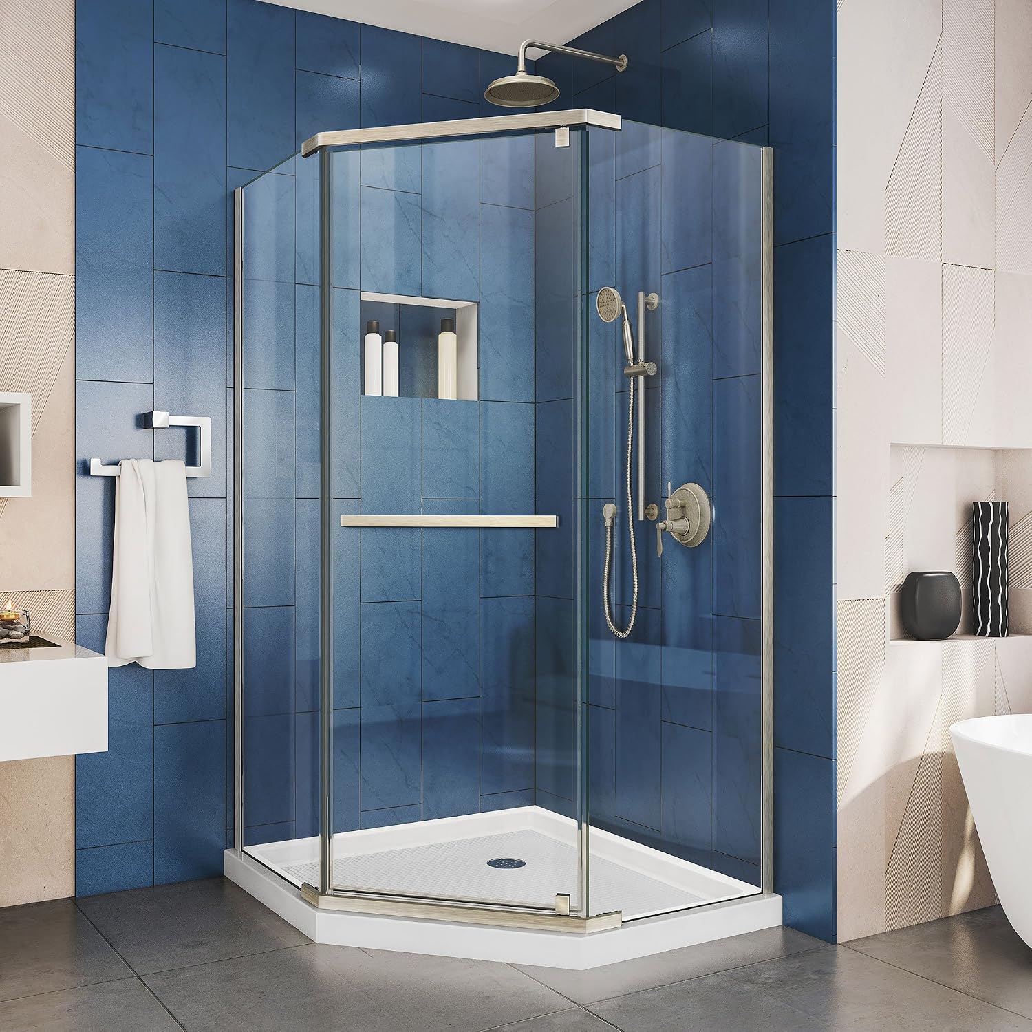DreamLine Prism 34 1/8 in. x 72 in. Frameless Neo-Angle Pivot Shower Enclosure, Brushed Nickel