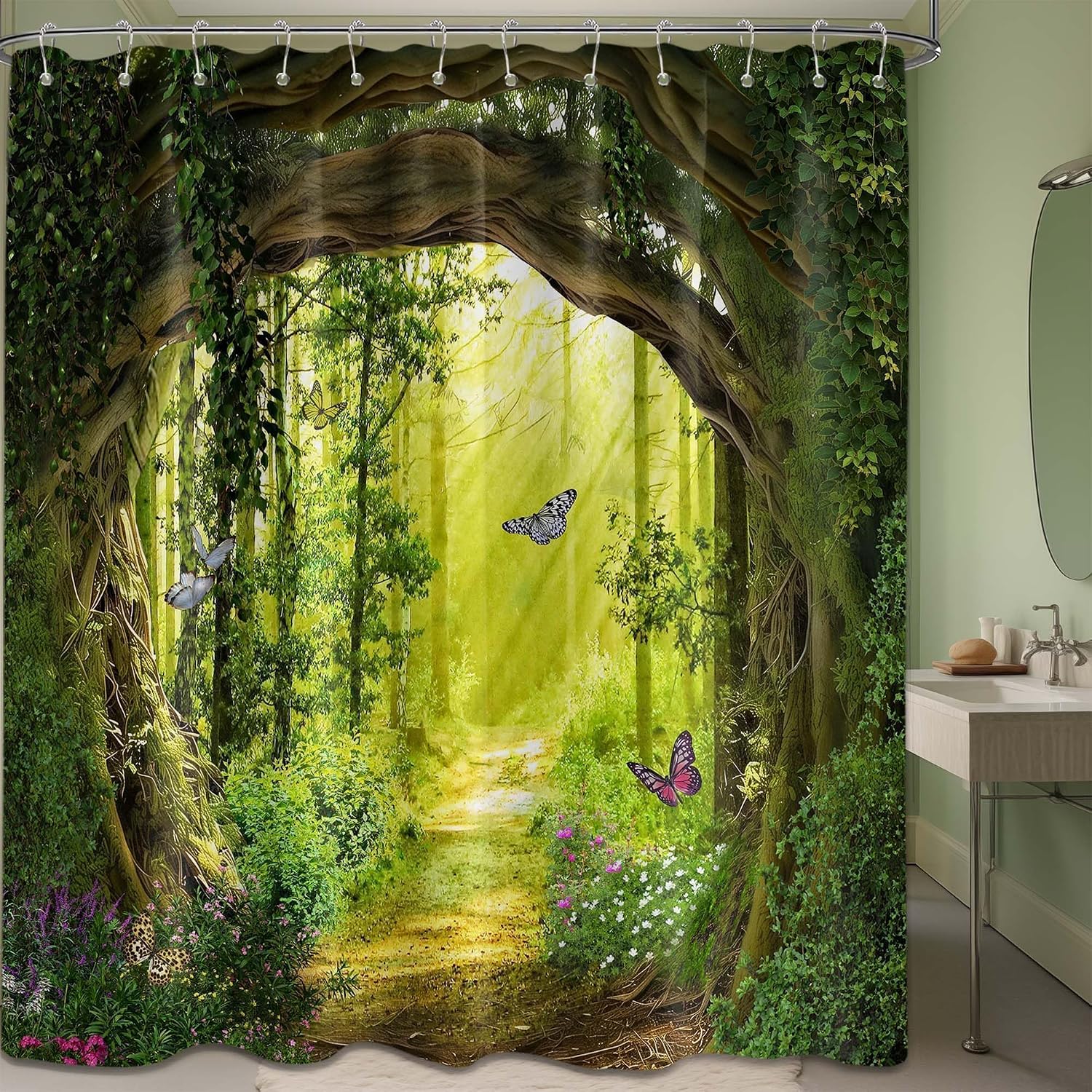 Enchanted Forest Shower Curtain, 72 x 72 Inches, Green Tree Nature, Waterproof Polyester