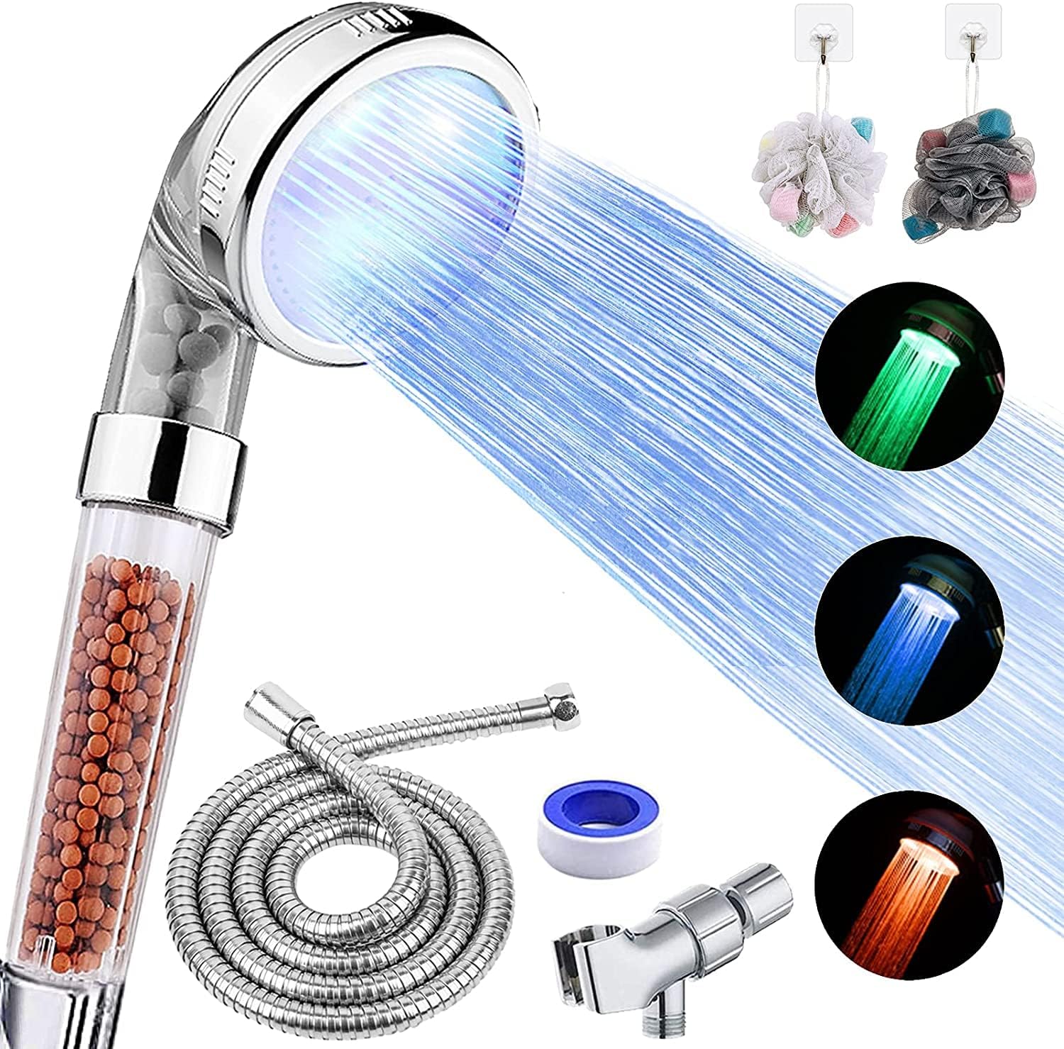 FASTRAS LED Shower Head with Handheld, Filtered High Pressure Set with Hose and Holder