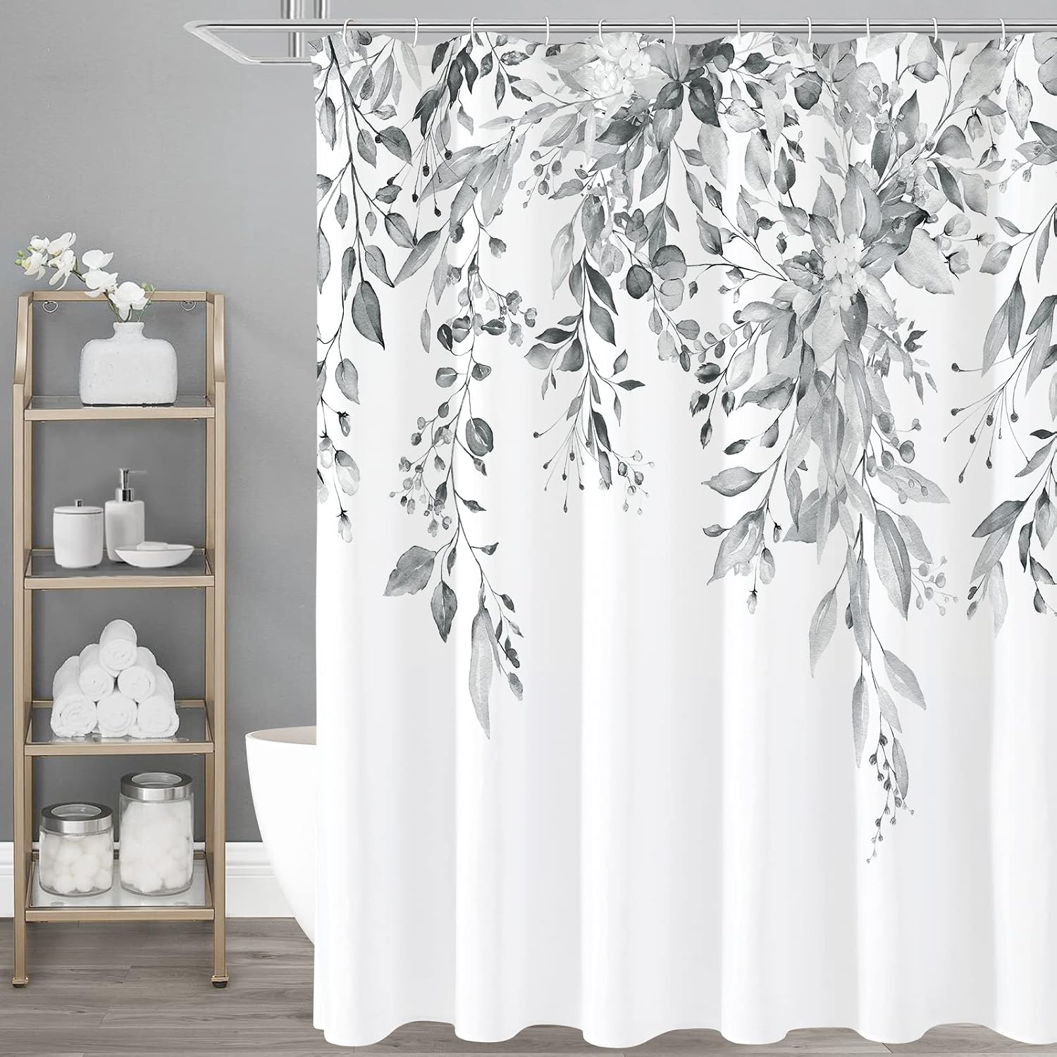 Gibelle Grey Eucalyptus Shower Curtain, Watercolor Floral Print, 72 x 72