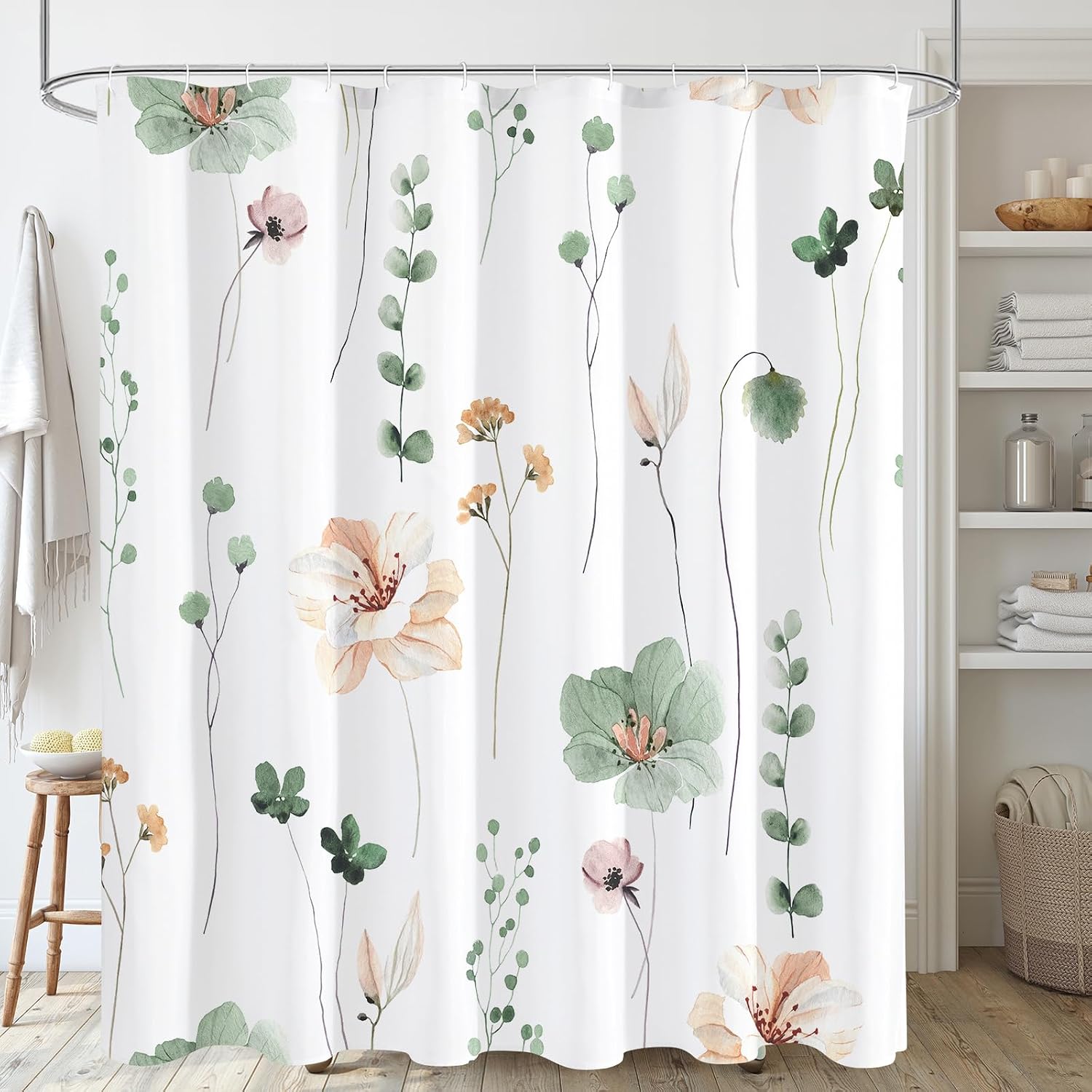 Gibelle Sage Green Beige Watercolor Floral Fabric Shower Curtain, 72 x 72
