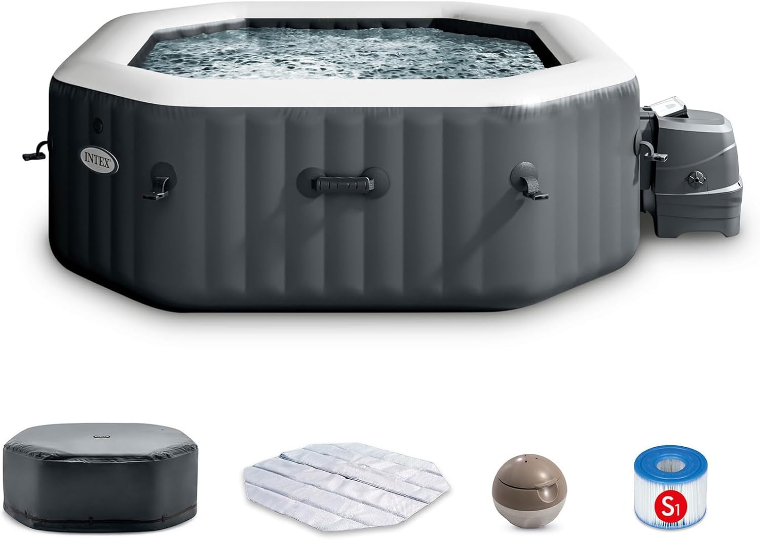 INTEX 28433EP PureSpa Bubble Deluxe Spa Set, 120 Bubble Jets, 4-Person Octagonal