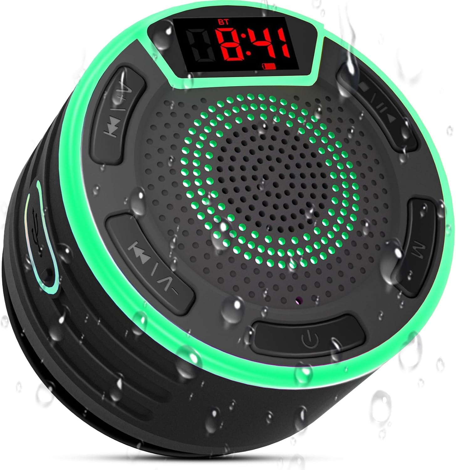 Bluetooth Shower Speaker, IPX7, with LED Display, FM Radio, Suction Cup and Light Show