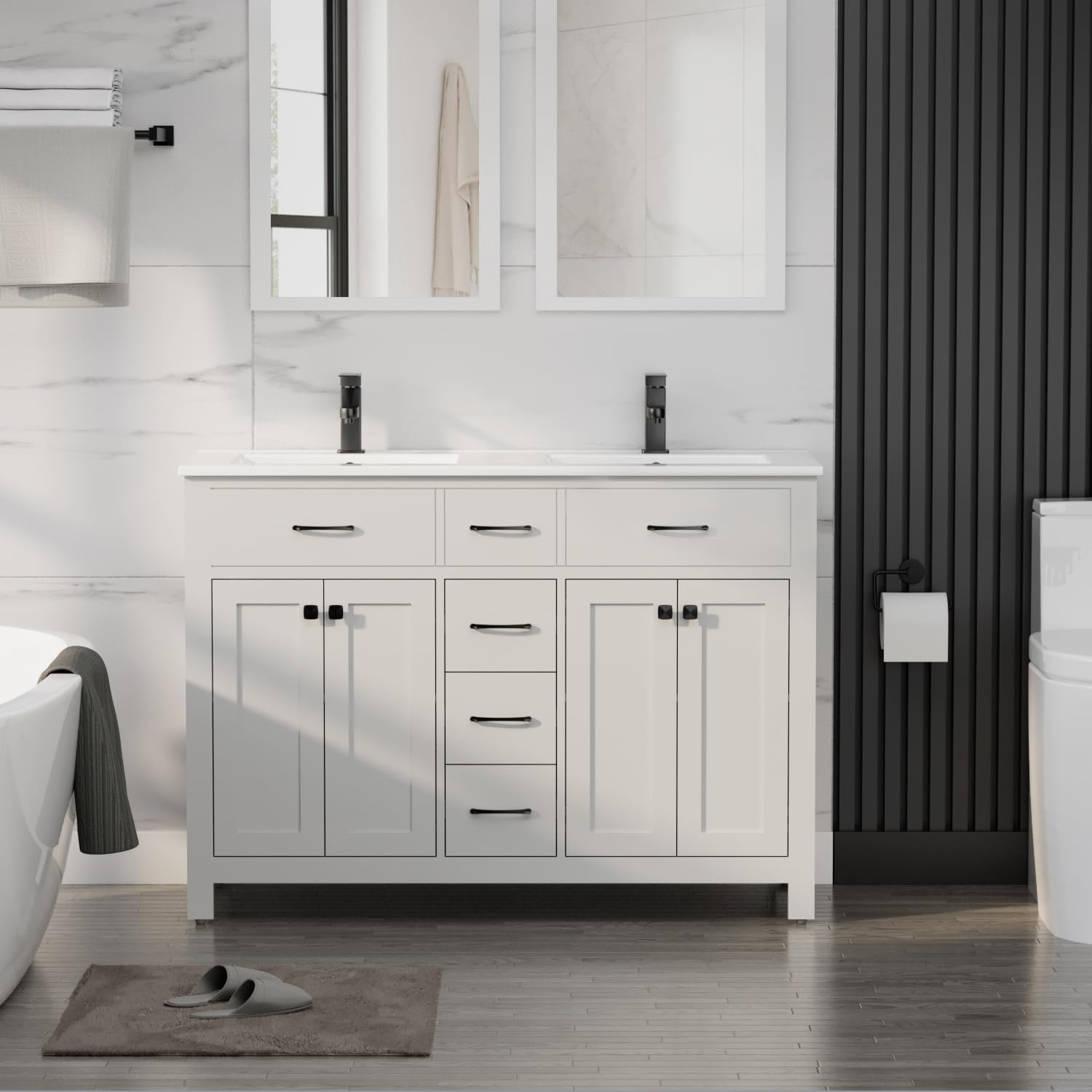 LUCKWIND 48" Modern Bathroom Vanity with Double White Sink Combo, Soft-Closing Doors