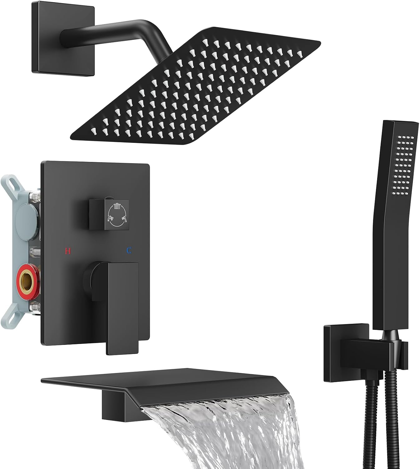 Midanya Shower System with Tub Spout, 8-Inch Rain Shower Head and Handheld, Matte Black