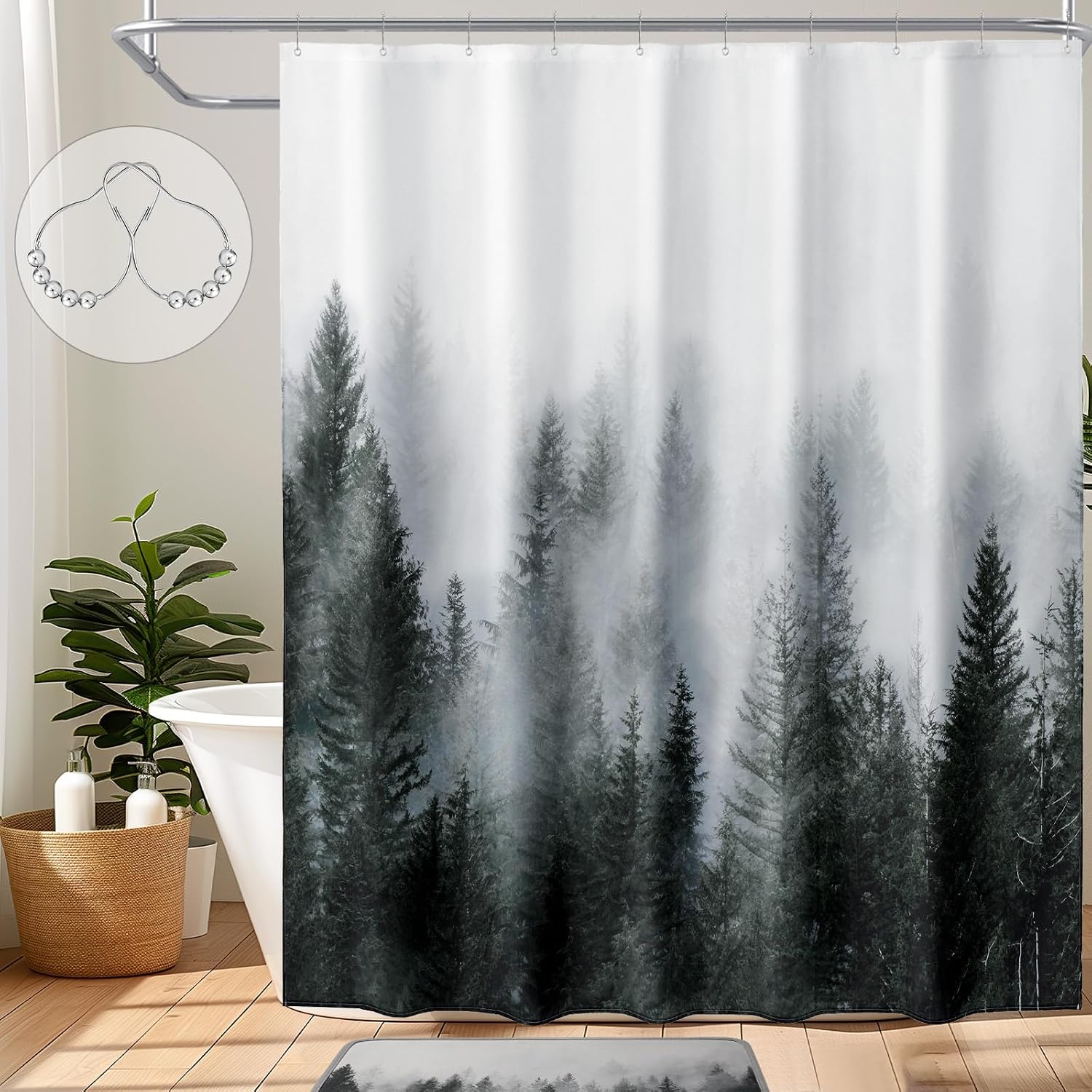 ORTIGIA Dark Green Misty Forest Shower Curtain with 12 Hooks, 72 x 72 Inches