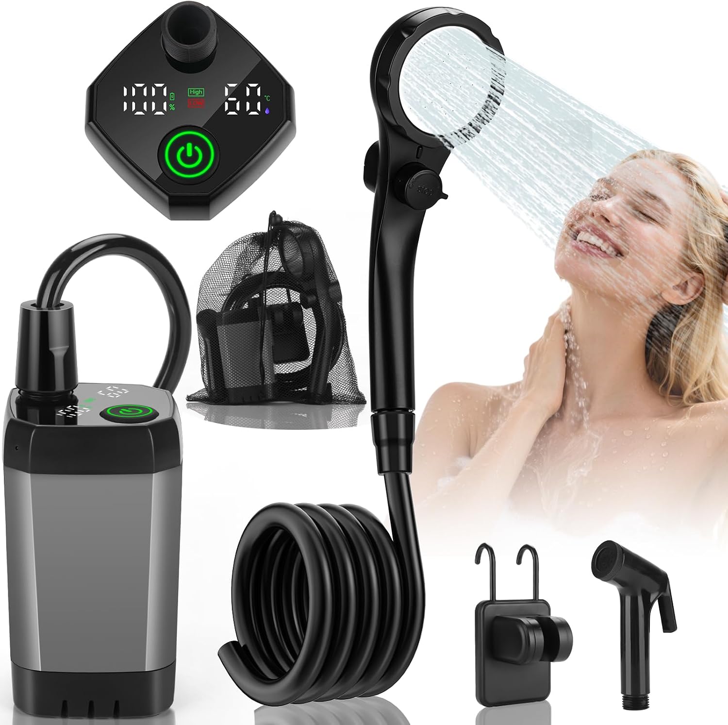 vignuto Portable Camping Shower Pump with LED Display of Battery and Temperature