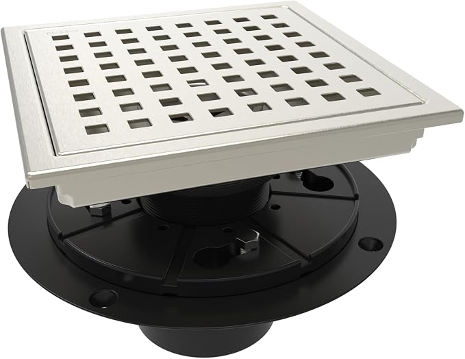 WEBANG 6" Square Shower Floor Drain, Brushed Nickel