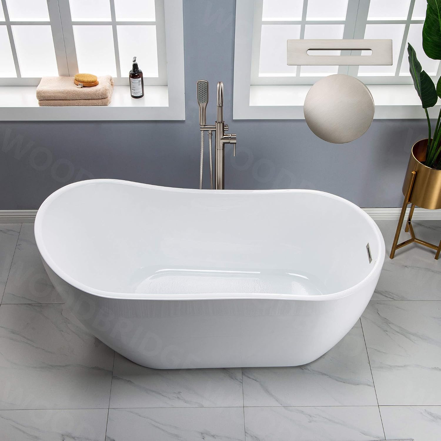 WOODBRIDGE 59" Acrylic Freestanding Bathtub, Contemporary Soaking White Tub, Brushed Nickel Drain