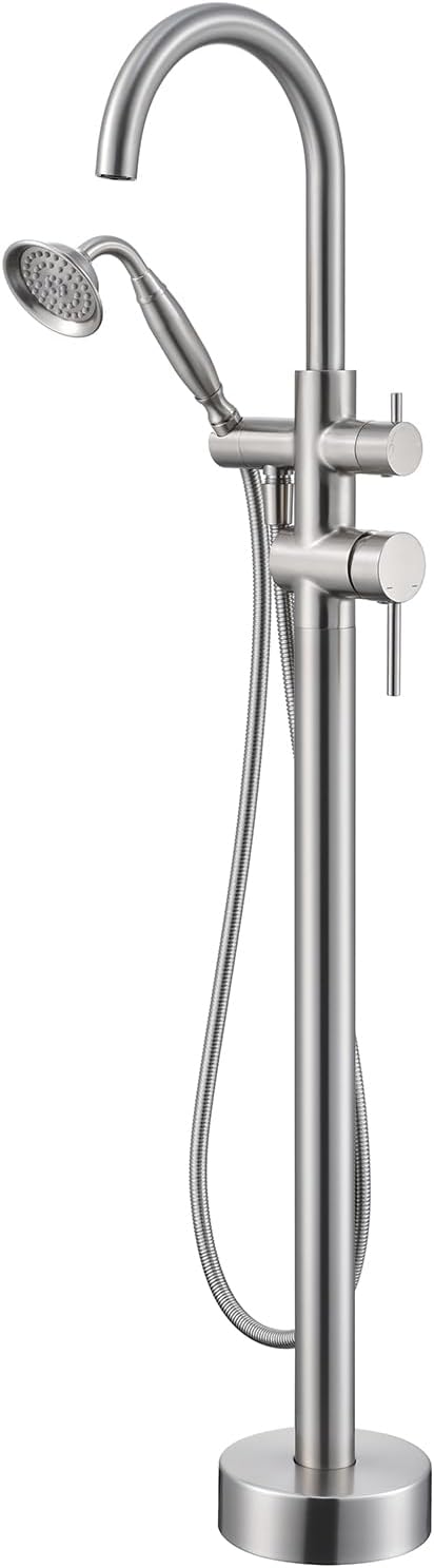 Wowkk Freestanding Tub Filler with Hand Shower, Brushed Nickel, Floor Mounted Brass