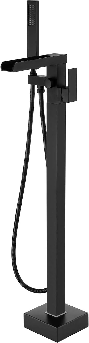 Wowkk Waterfall Tub Filler Freestanding Bathtub Faucet, Black, with Hand Shower