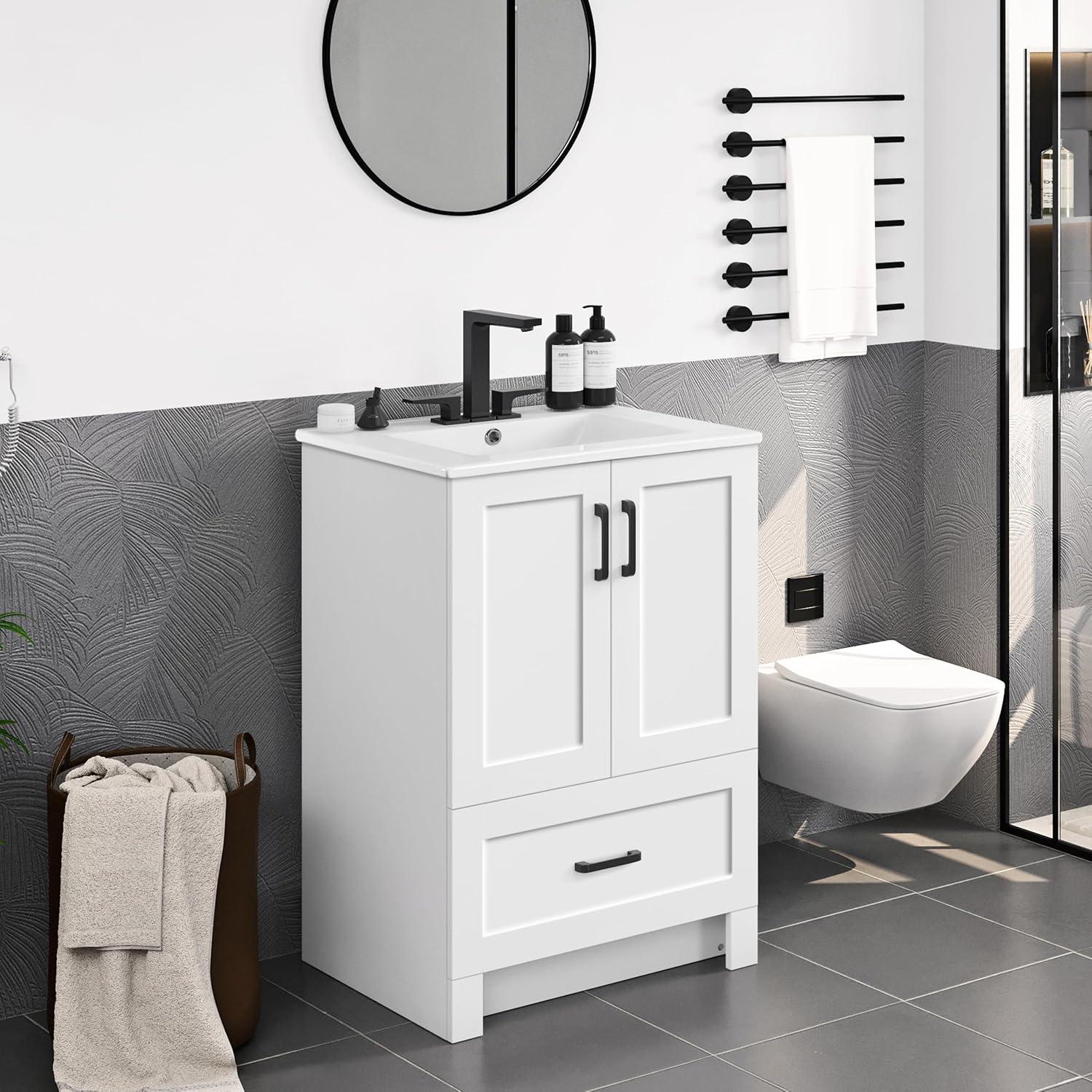 Yaheetech 24" Bathroom Vanity with Ceramic Sink, 2 Doors and 1 Drawer Cabinet, White